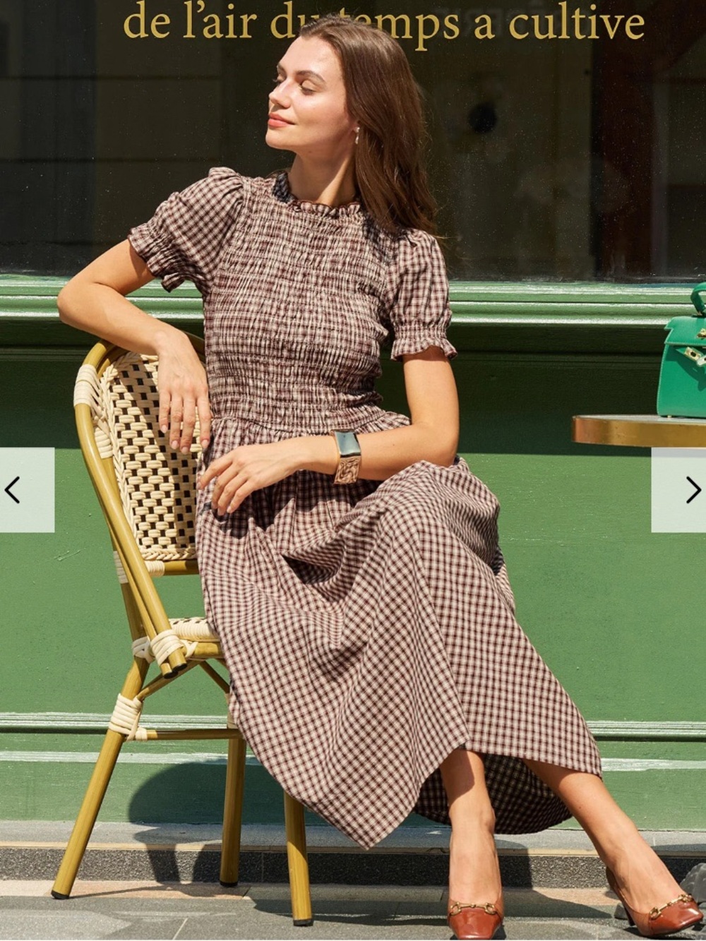 RIHOAS Coffee Plaid Shirred Puffed Sleeve Midi Dress - L